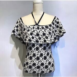 Club Monaco | Size M Rowlen Off-The-Shoulder Top Navy & White Floral Top